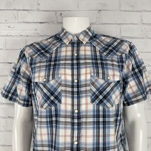 Ariat Shirt Men's Large SLIM Pearl Snap Blue Plaid Short Sleeve Retro Fit Cotton